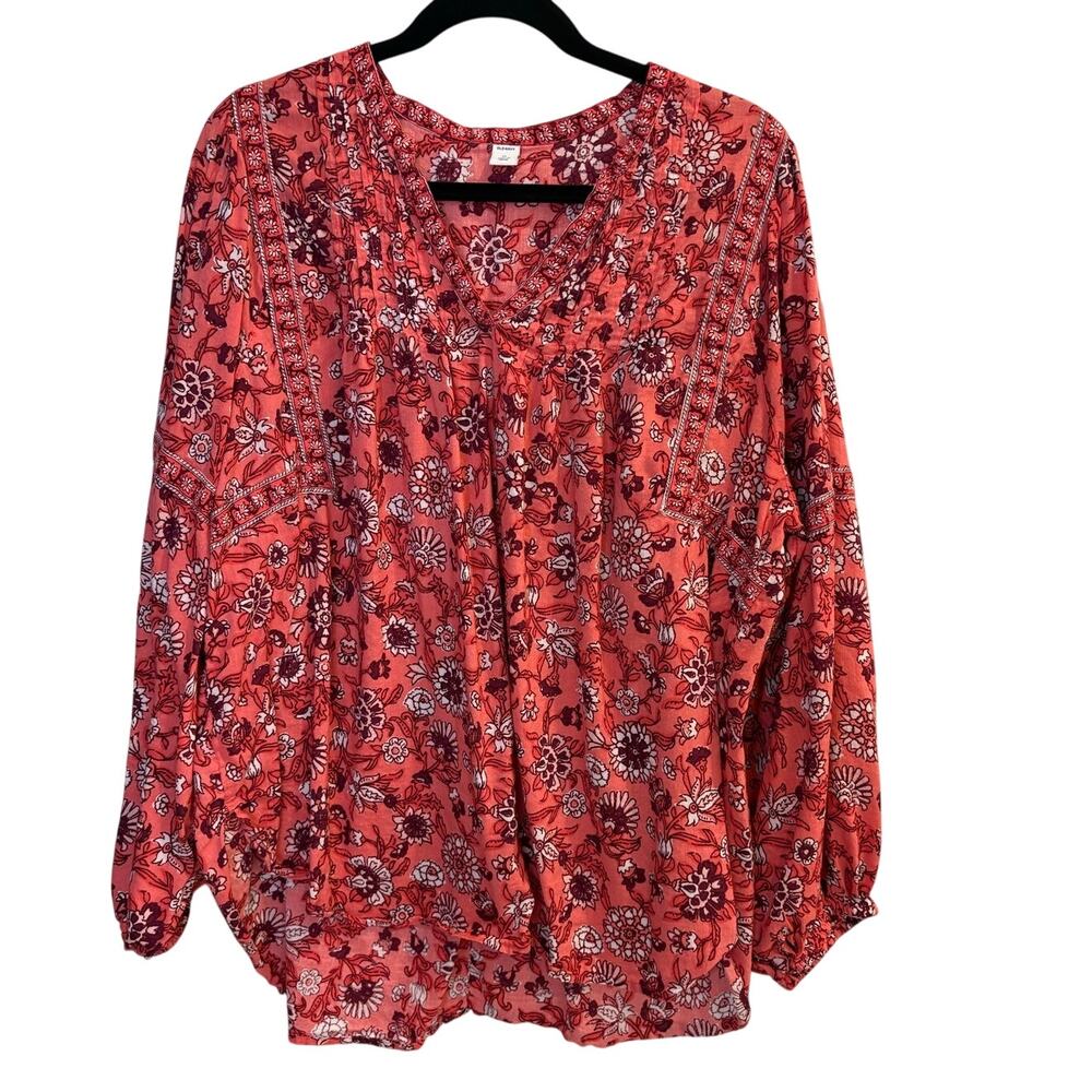 Old Navy Pink Floral Lace Trim Long Sleeve Blouse Boho Peasant Top Size XL